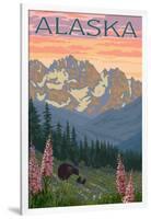 Alaska - Bear and Cubs Spring Flowers-Lantern Press-Framed Art Print