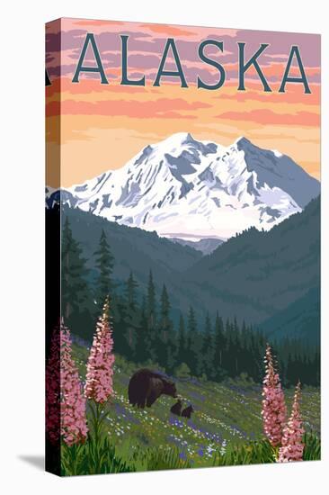 Alaska - Bear and Spring Flowers-Lantern Press-Stretched Canvas