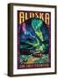 Alaska - Cabin and Northern Lights Stained Glass-Lantern Press-Framed Art Print