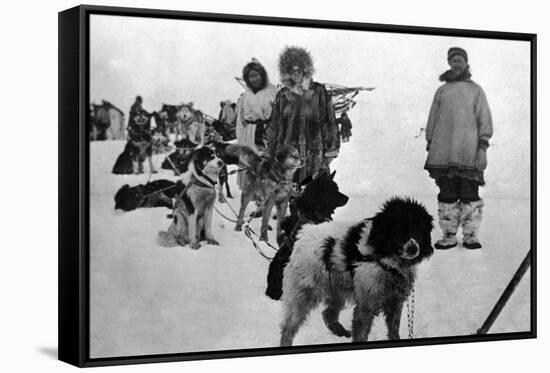 Alaska - Dog Sled Team and Men in Parkas-Lantern Press-Framed Stretched Canvas