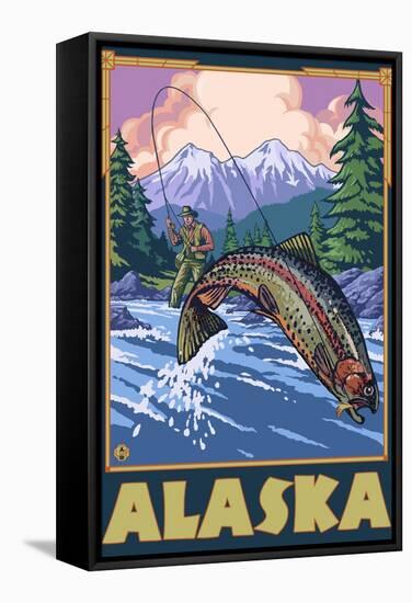 Alaska - Fly Fishing Scene-Lantern Press-Framed Stretched Canvas