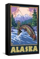 Alaska - Fly Fishing Scene-Lantern Press-Framed Stretched Canvas