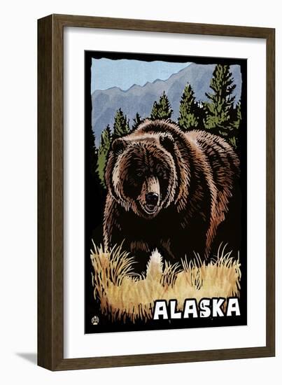 Alaska - Grizzly Bear - Scratchboard-Lantern Press-Framed Art Print