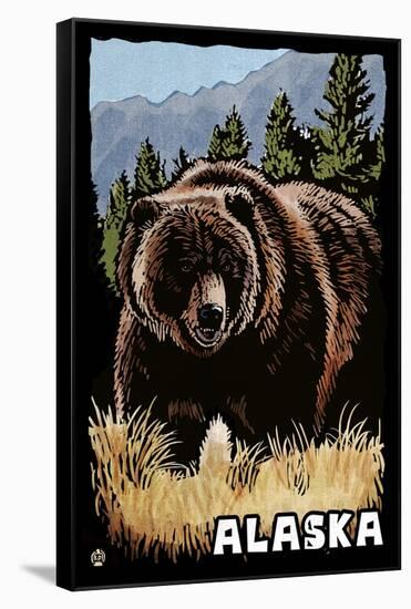 Alaska - Grizzly Bear - Scratchboard-Lantern Press-Framed Stretched Canvas