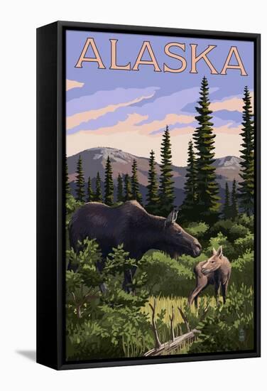 Alaska - Moose and Baby-Lantern Press-Framed Stretched Canvas