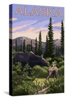 Alaska - Moose and Baby-Lantern Press-Stretched Canvas