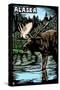 Alaska - Moose - Scratchboard-Lantern Press-Stretched Canvas