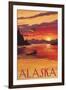 Alaska - Moose Swimming and Sunset-Lantern Press-Framed Art Print