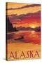 Alaska - Moose Swimming and Sunset-Lantern Press-Stretched Canvas