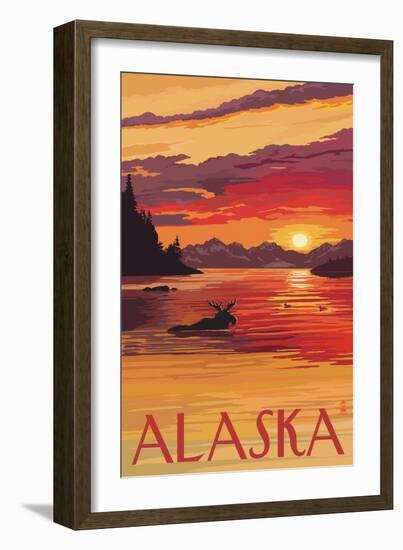 Alaska - Moose Swimming and Sunset-Lantern Press-Framed Art Print