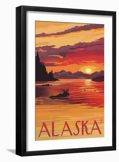 Alaska - Moose Swimming and Sunset-Lantern Press-Framed Art Print