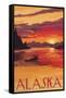 Alaska - Moose Swimming and Sunset-Lantern Press-Framed Stretched Canvas