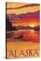 Alaska - Moose Swimming and Sunset-Lantern Press-Stretched Canvas