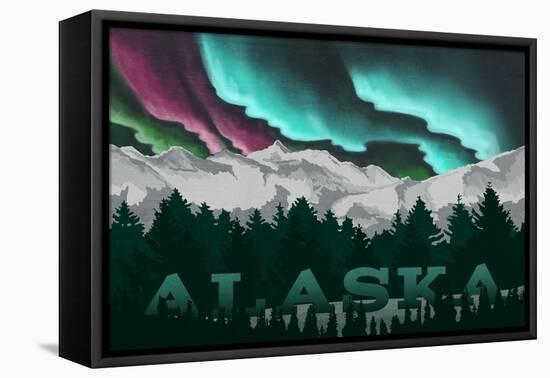 Alaska - Mountains and Northern Lights-Lantern Press-Framed Stretched Canvas