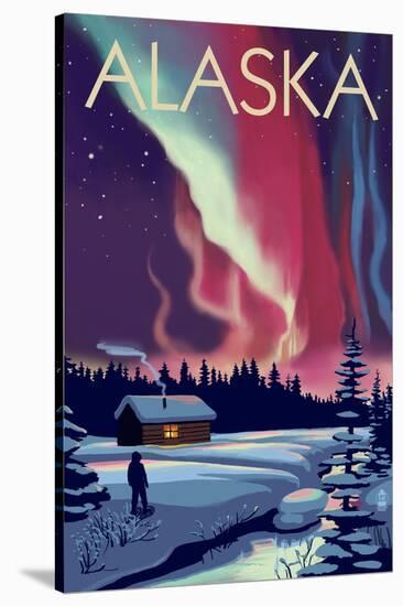 Alaska - Northern Lights and Cabin-Lantern Press-Stretched Canvas