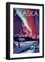 Alaska - Northern Lights and Cabin-Lantern Press-Framed Art Print