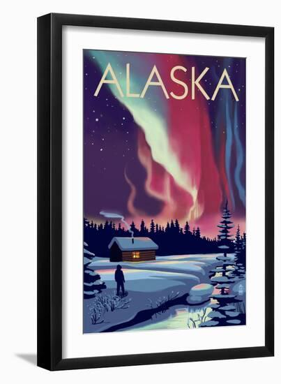 Alaska - Northern Lights and Cabin-Lantern Press-Framed Art Print