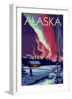 Alaska - Northern Lights and Cabin-Lantern Press-Framed Art Print