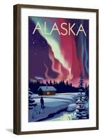 Alaska - Northern Lights and Cabin-Lantern Press-Framed Art Print