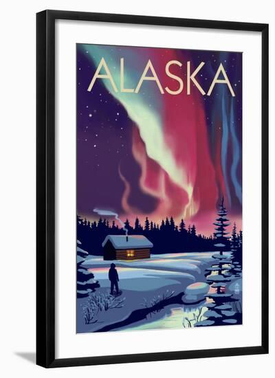 Alaska - Northern Lights and Cabin-Lantern Press-Framed Art Print