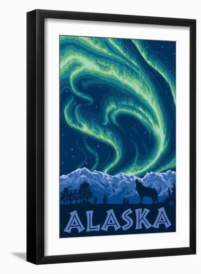 Alaska Northern Lights and Wolf-Lantern Press-Framed Art Print