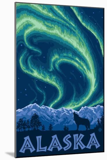 Alaska Northern Lights and Wolf-Lantern Press-Mounted Art Print