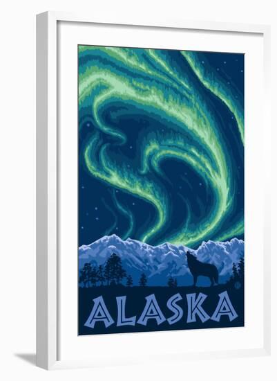 Alaska Northern Lights and Wolf-Lantern Press-Framed Art Print