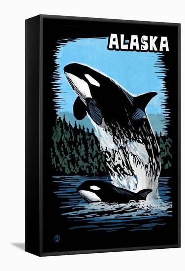 Alaska - Orca - Scratchboard-Lantern Press-Framed Stretched Canvas