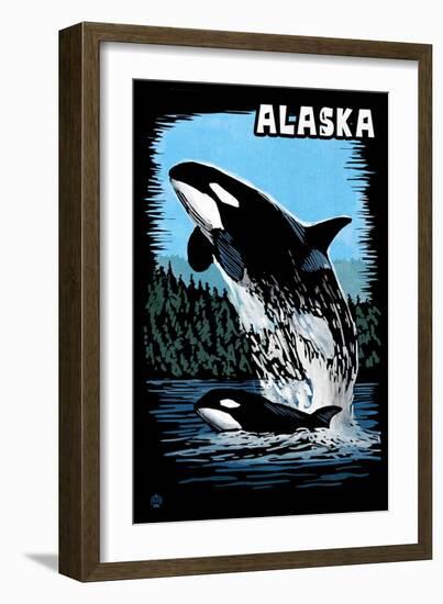 Alaska - Orca - Scratchboard-Lantern Press-Framed Art Print