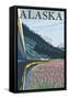 Alaska Railroad and Fireweed, Alaska-Lantern Press-Framed Stretched Canvas