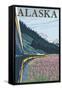 Alaska Railroad and Fireweed, Alaska-Lantern Press-Framed Stretched Canvas