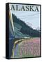 Alaska Railroad and Fireweed, Alaska-Lantern Press-Framed Stretched Canvas