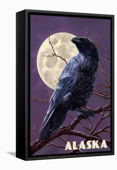 Alaska - Raven and Moon Purple Sky-Lantern Press-Framed Stretched Canvas