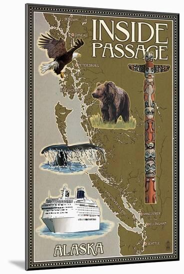 Alaska's Inside Passage Map-Lantern Press-Mounted Art Print