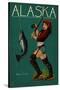 Alaska - Salmon Fisher Pinup Girl-Lantern Press-Stretched Canvas