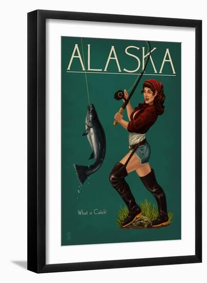 Alaska - Salmon Fisher Pinup Girl-Lantern Press-Framed Art Print