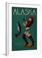 Alaska - Salmon Fisher Pinup Girl-Lantern Press-Framed Art Print