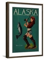 Alaska - Salmon Fisher Pinup Girl-Lantern Press-Framed Art Print