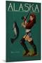 Alaska - Salmon Fisher Pinup Girl-Lantern Press-Mounted Art Print