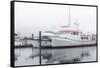 Alaska, Valdez. Two fishing boat in a foggy marina.-Janet Muir-Framed Stretched Canvas