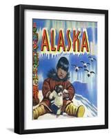 Alaska, View of a Native Child Holding a Puppy, Totem Pole and Penguins-Lantern Press-Framed Art Print
