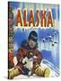 Alaska, View of a Native Child Holding a Puppy, Totem Pole and Penguins-Lantern Press-Stretched Canvas