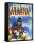 Alaska, View of a Native Child Holding a Puppy, Totem Pole and Penguins-Lantern Press-Framed Stretched Canvas