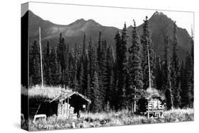 Alaska - View of Trapper's Cabin and Cache-Lantern Press-Stretched Canvas