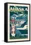 Alaska - Woodblock-Lantern Press-Framed Stretched Canvas