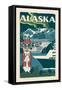 Alaska - Woodblock-Lantern Press-Framed Stretched Canvas