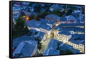 Albania, Gjirokastra, Elevated Town View from the Castle, Dusk-Walter Bibikow-Framed Stretched Canvas