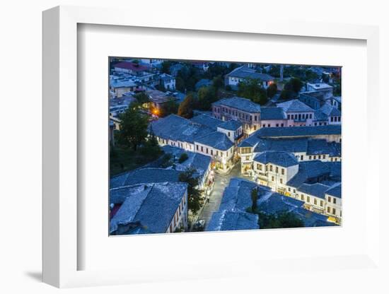 Albania, Gjirokastra, Elevated Town View from the Castle, Dusk-Walter Bibikow-Framed Photographic Print