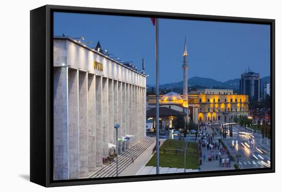 Albania, Tirana, Skanderbeg Square and Opera Building, Dusk-Walter Bibikow-Framed Stretched Canvas