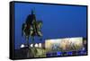 Albania, Tirana, Skanderbeg Square, Statue of Skanderbeg and National Historical Museum, Dusk-Walter Bibikow-Framed Stretched Canvas